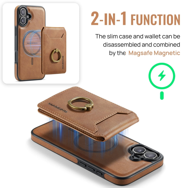For iPhone 16 DG.MING K1 MagSafe Detachable Wallet RFID Back Cover Phone Case(Brown)