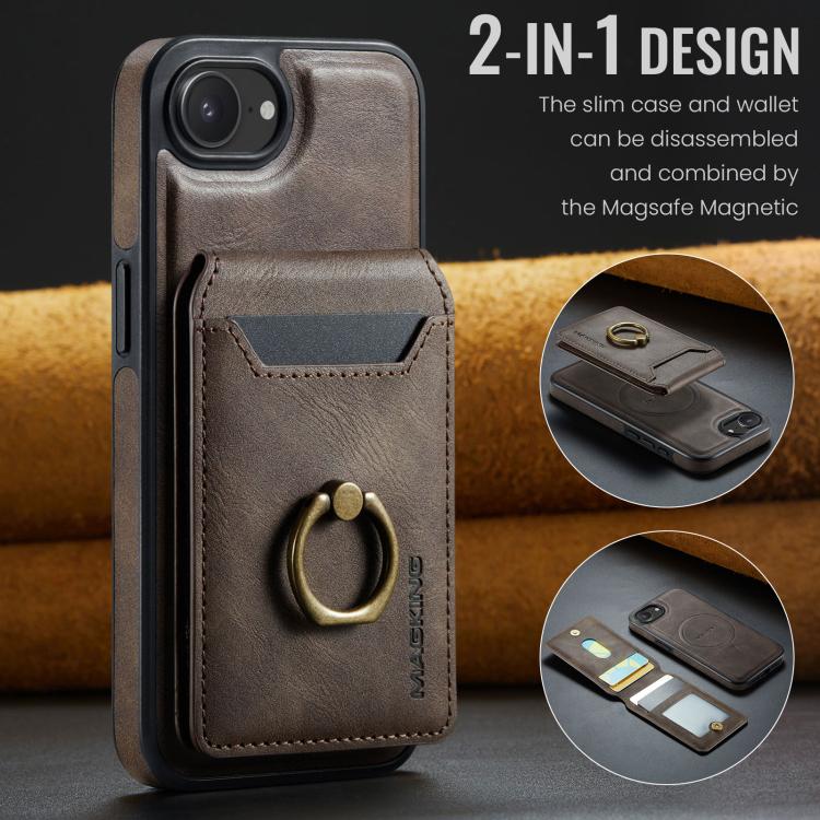 For iPhone 16e DG.MING K1 MagSafe Detachable Wallet RFID Back Cover Phone Case(Coffee)
