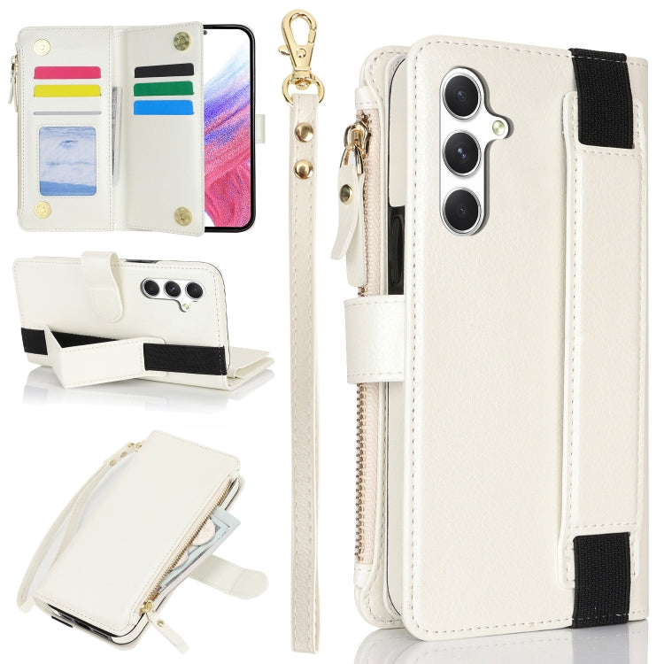 For Samsung Galaxy S24 5G Wristband Holder Zipper Purse RFID Leather Phone Case(White)