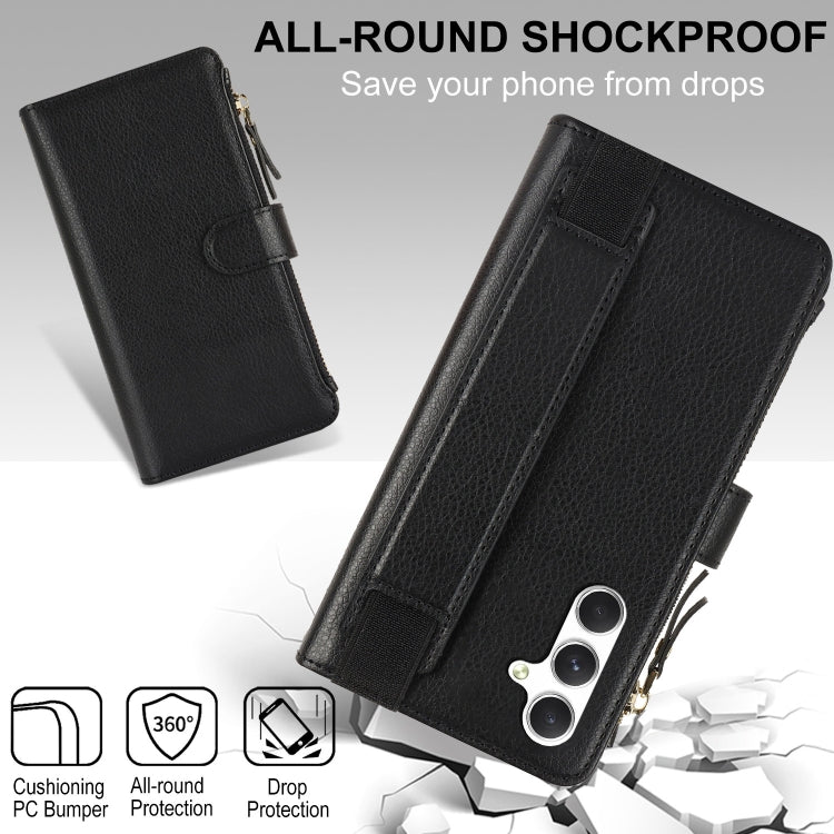 For Samsung Galaxy S24+ 5G Wristband Holder Zipper Purse RFID Leather Phone Case(Black)