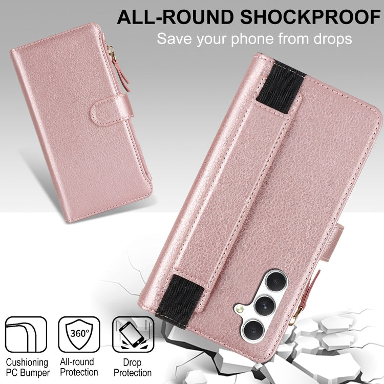 For Samsung Galaxy S24+ 5G Wristband Holder Zipper Purse RFID Leather Phone Case(Rose Gold)