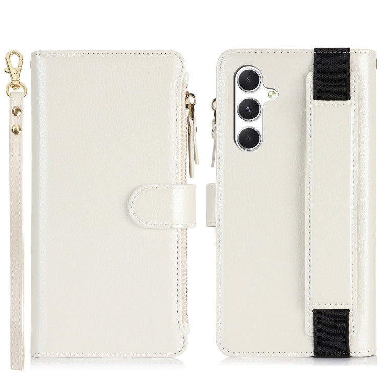 For Samsung Galaxy S24+ 5G Wristband Holder Zipper Purse RFID Leather Phone Case(White)