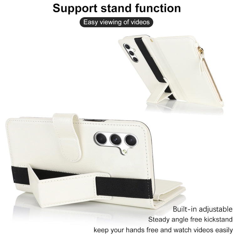 For Samsung Galaxy S24+ 5G Wristband Holder Zipper Purse RFID Leather Phone Case(White)