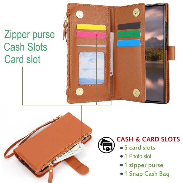 For Samsung Galaxy S24 Ultra 5G Wristband Holder Zipper Purse RFID Leather Phone Case(Brown)