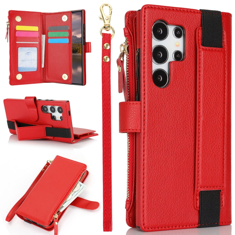 For Samsung Galaxy S24 Ultra 5G Wristband Holder Zipper Purse RFID Leather Phone Case(Red)
