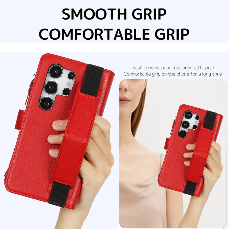 For Samsung Galaxy S24 Ultra 5G Wristband Holder Zipper Purse RFID Leather Phone Case(Red)