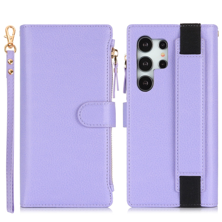 For Samsung Galaxy S24 Ultra 5G Wristband Holder Zipper Purse RFID Leather Phone Case(Purple)