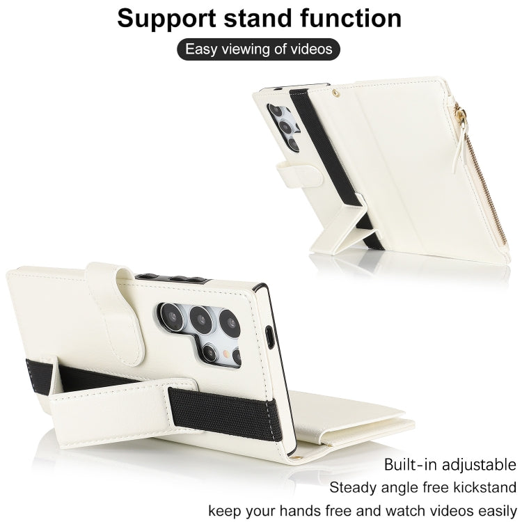 For Samsung Galaxy S24 Ultra 5G Wristband Holder Zipper Purse RFID Leather Phone Case(White)
