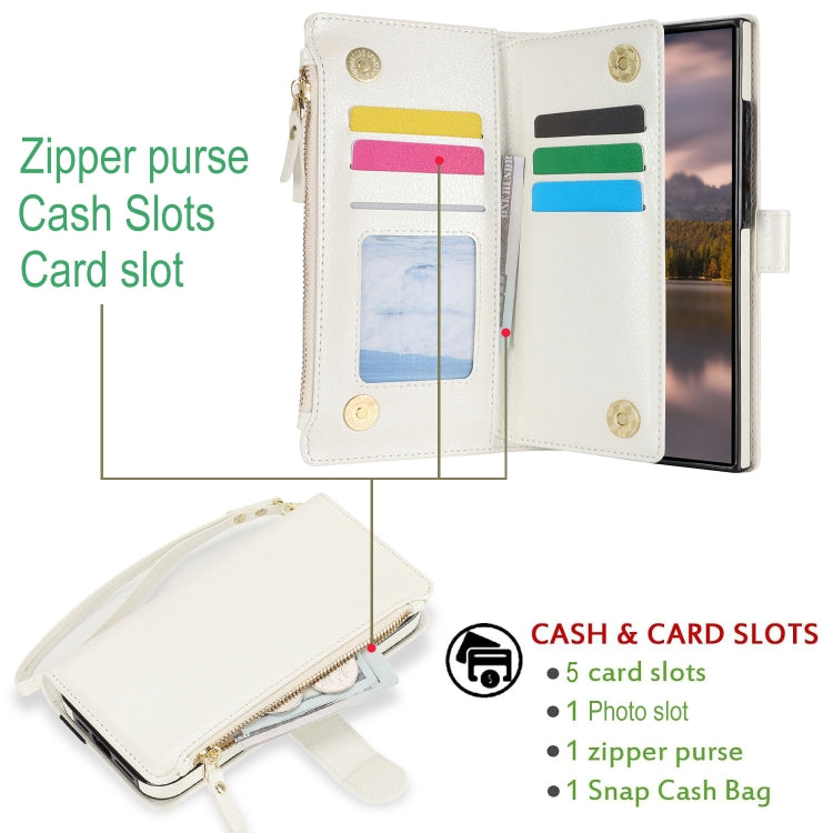 For Samsung Galaxy S24 Ultra 5G Wristband Holder Zipper Purse RFID Leather Phone Case(White)
