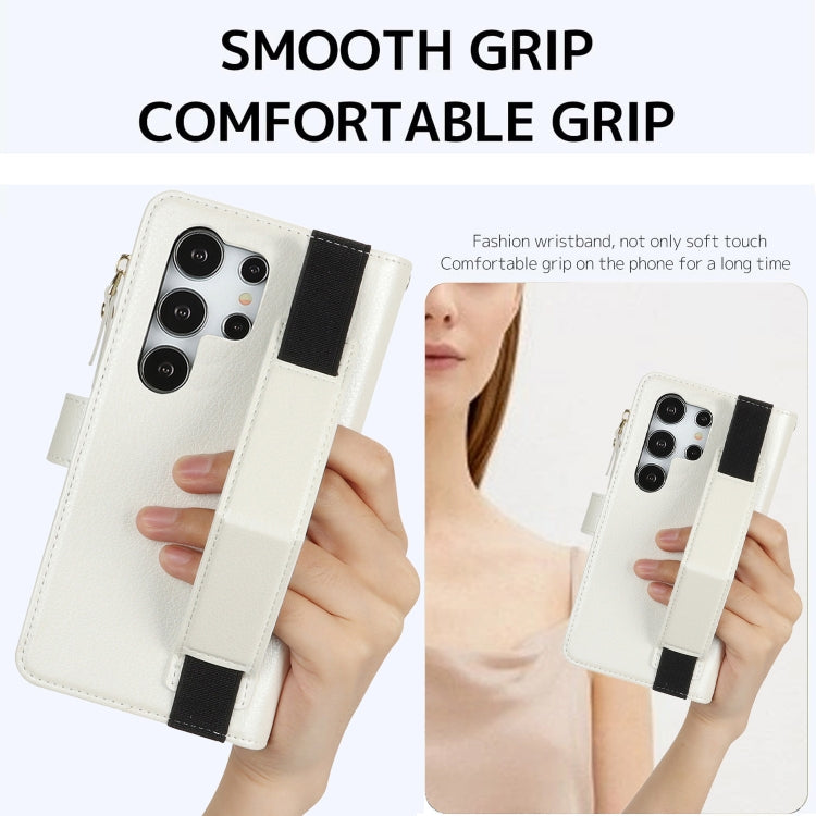 For Samsung Galaxy S24 Ultra 5G Wristband Holder Zipper Purse RFID Leather Phone Case(White)