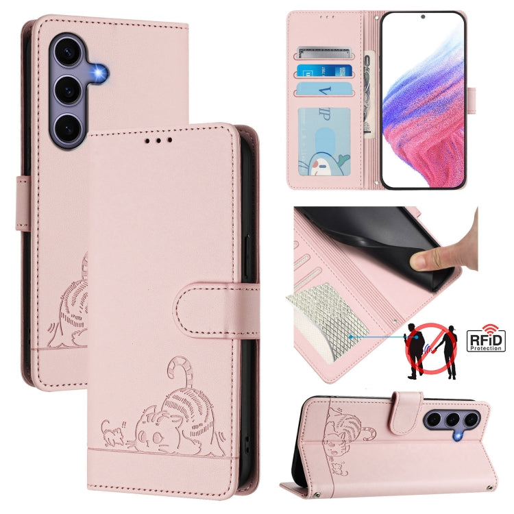 For Samsung Galaxy S25 5G Cat Rat Embossed RFID Leather Phone Case with Lanyard(Pink)