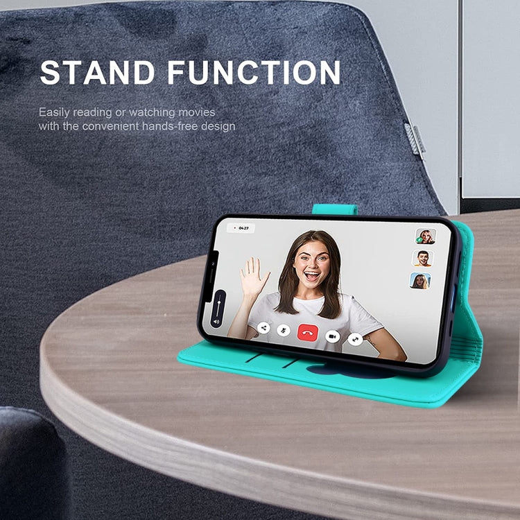 For iPhone 16e Cute Cat Embossed Leather Phone Case(Lake Blue) - iPhone 16e Cases by PMC TechLife | Online Shopping South Africa | PMC TechLife | Buy Now Pay Later Mobicred