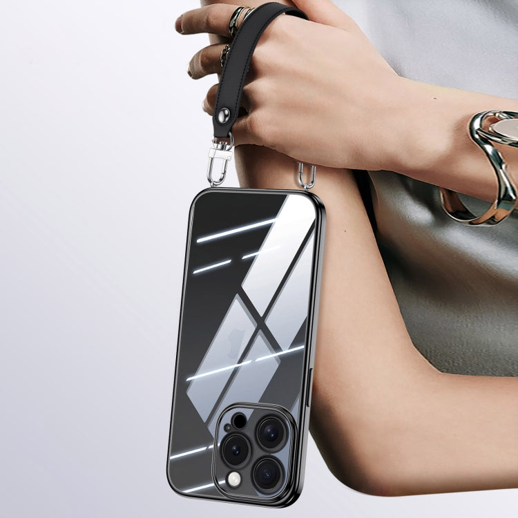 For iPhone 15 Pro Max SULADA Electroplated Clear TPU Soft Frame Phone Case with Wrist Strap(Black)