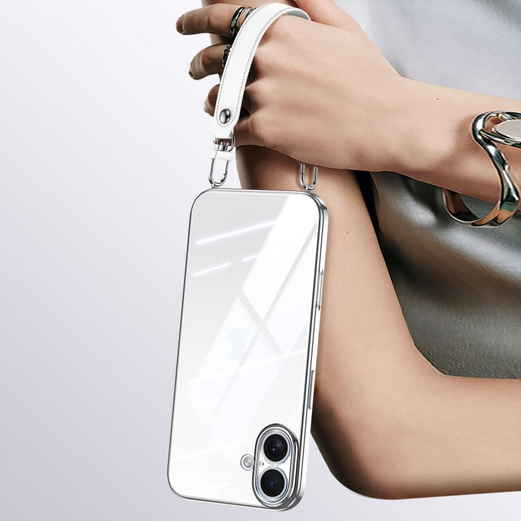 For iPhone 16 SULADA Electroplated Clear TPU Soft Frame Phone Case with Wrist Strap(Silver)