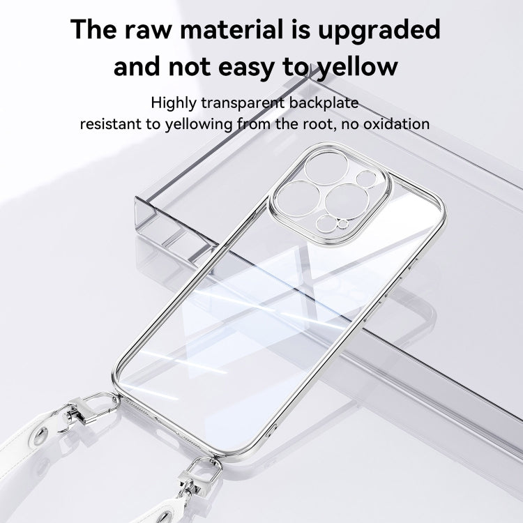 For iPhone 16 Pro Max SULADA Electroplated Clear TPU Soft Frame Phone Case with Wrist Strap(Silver)