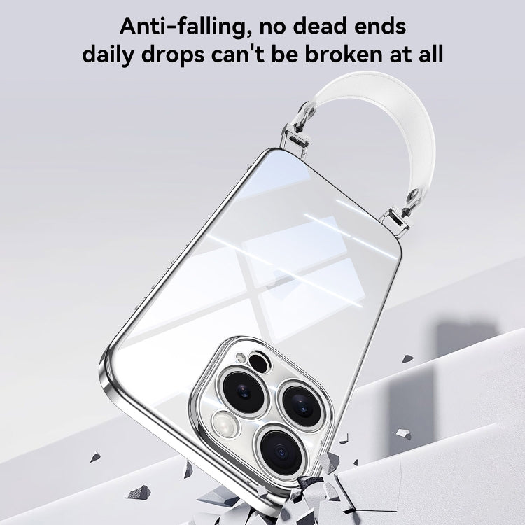 For iPhone 16 Pro SULADA Electroplated Clear TPU Soft Frame Phone Case with Wrist Strap(Silver)
