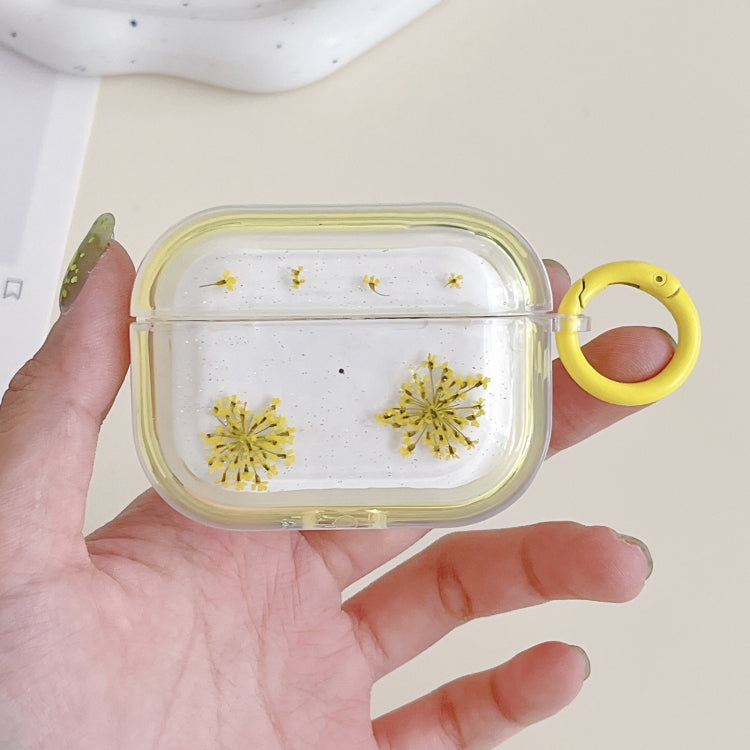 For AirPods 3 Glitter Snowflake Epoxy Dried Flowers Earbuds Box TPU Case(Yellow)