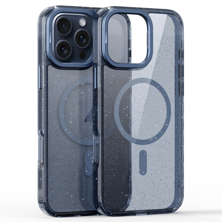 For iPhone 16 Pro Glitter Powder Lens Holder MagSafe Magnetic Phone Case(Transparent Titanium Blue)