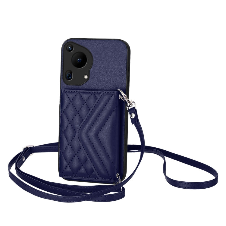For Huawei Pura 70 Ultra Rhombic Texture Card Bag RFID Phone Case with Long Lanyard(Blue)