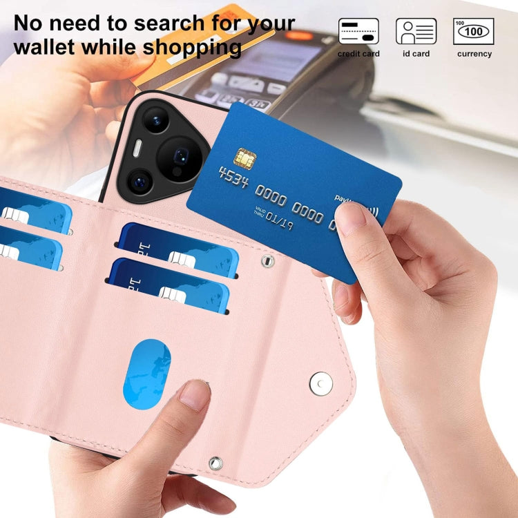 For Huawei Pura 70 Ultra Rhombic Texture Card Bag RFID Phone Case with Long Lanyard(Rose Gold)