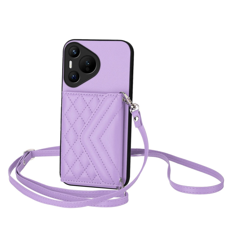 For Huawei Pura 70 Rhombic Texture Card Bag RFID Phone Case with Long Lanyard(Light Purple)