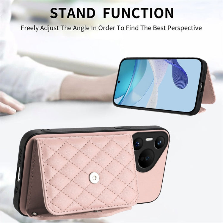 For Huawei Pura 70 Rhombic Texture Card Bag RFID Phone Case with Long Lanyard(Rose Gold)