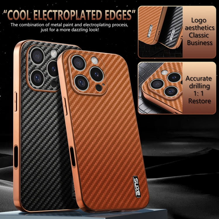 For iPhone 16 Pro AZNS Electroplated Edge Carbon Fiber Texture Phone Case(Black)