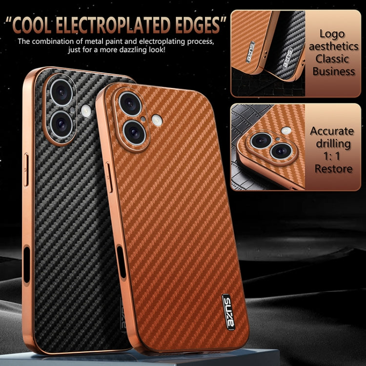 For iPhone 16 AZNS Electroplated Edge Carbon Fiber Texture Phone Case(Brown)