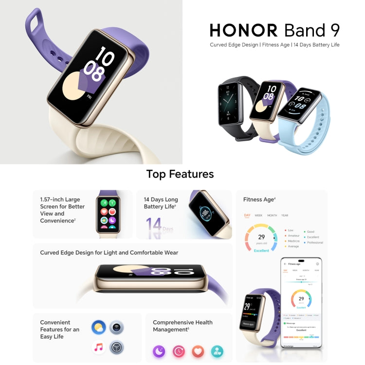 Honor Band 9, 1.57 inch AMOLED Screen, Support Heart Rate / Blood Oxygen / Sleep Monitoring, NFC Version(Purple) - free shipping - PMC Jewellery - Order now!