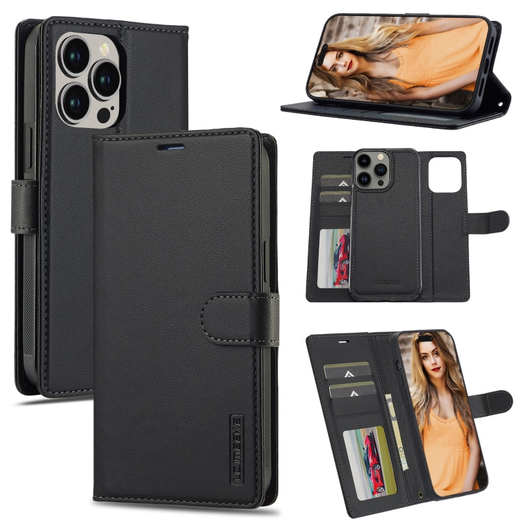 For iPhone 13 Pro Max LC.IMEEKE L2 Series Detachable Magsafe PU Phone Case with Lanyard(Black)