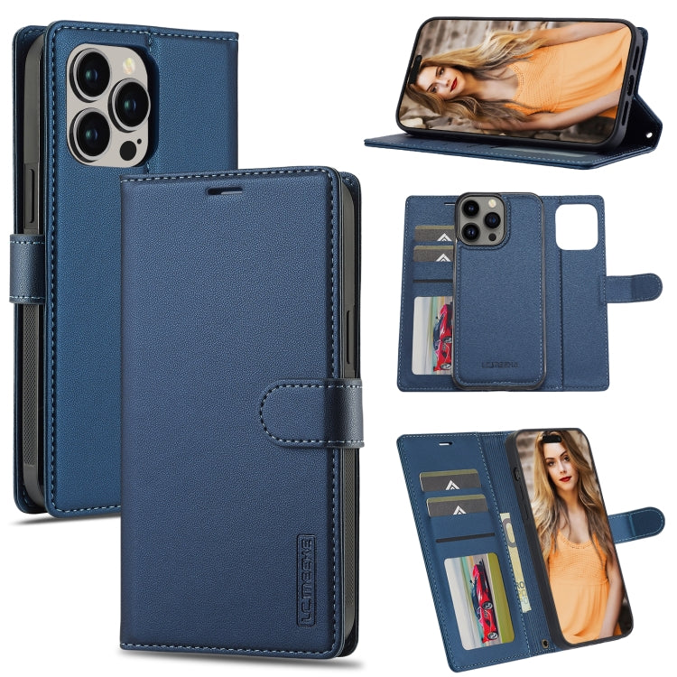 For iPhone 13 Pro Max LC.IMEEKE L2 Series Detachable Magsafe PU Phone Case with Lanyard(Blue)