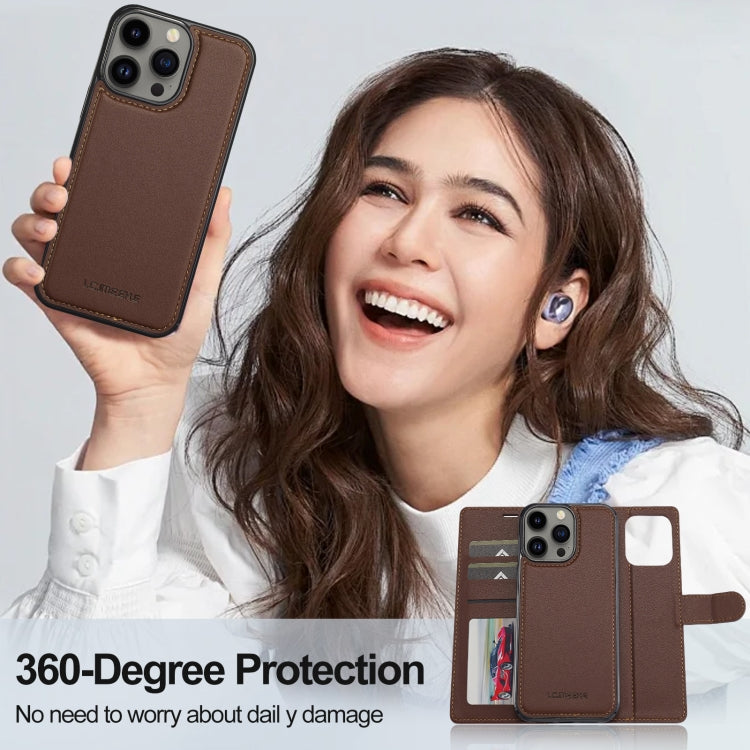 For iPhone 13 Pro LC.IMEEKE L2 Series Detachable Magsafe PU Phone Case with Lanyard(Brown)