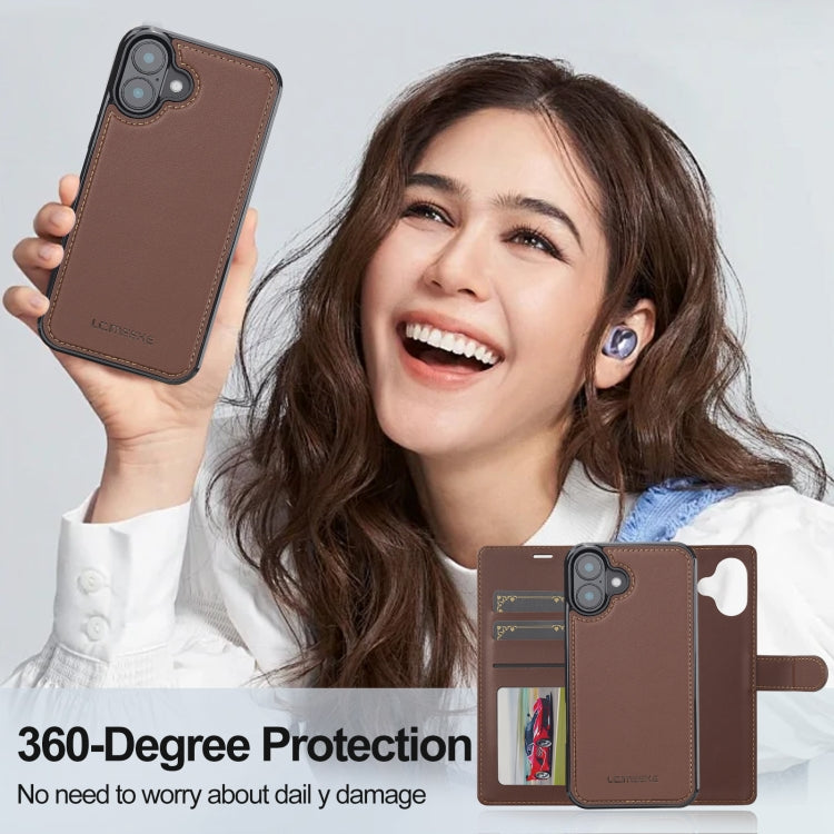 For iPhone 16 LC.IMEEKE L2 Series Detachable Magsafe PU Phone Case with Lanyard(Brown)