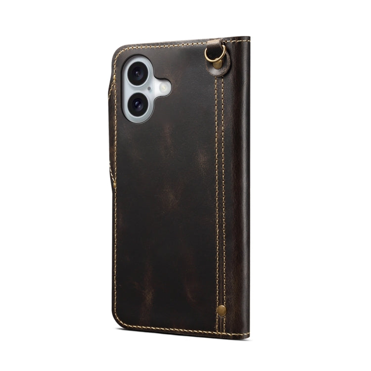 For iPhone 16 Denior B01 Oil Wax Cowhide Magnetic Button Genuine Leather Case(Black)