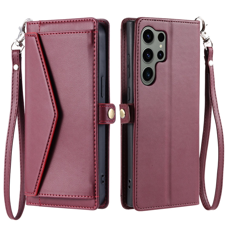 For Samsung Galaxy S25 Ultra 5G Wallet Multi-card Slot Leather Phone Case with Lanyard(Wine Red)