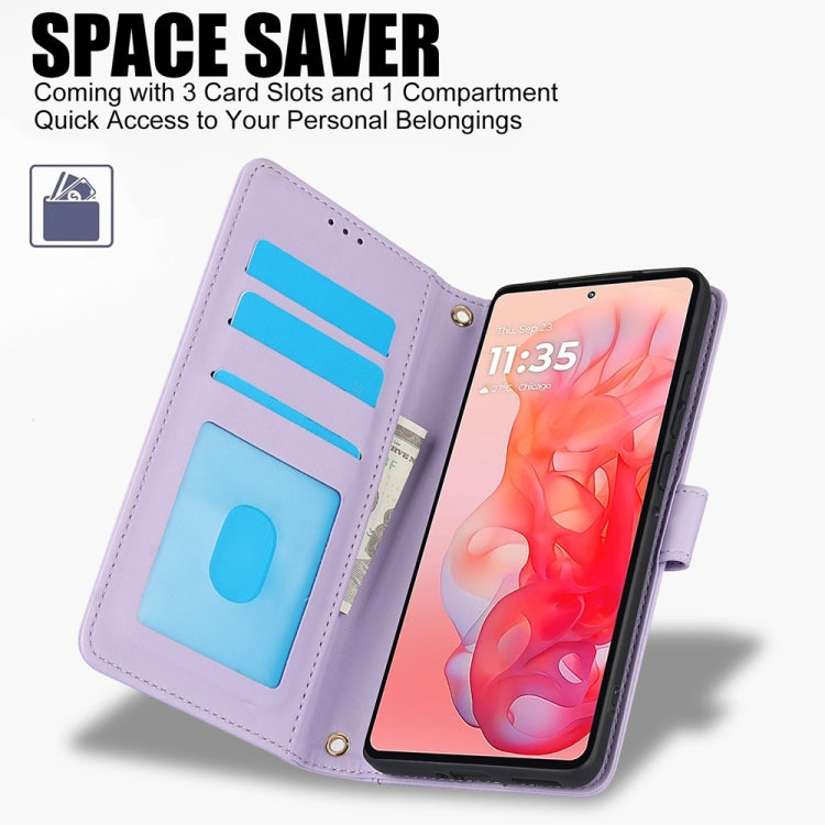 For Motorola Moto G Stylus 5G 2024 Skin Feel Pure Color Card Slots Leather Phone Case with Dual Lanyard(Purple)