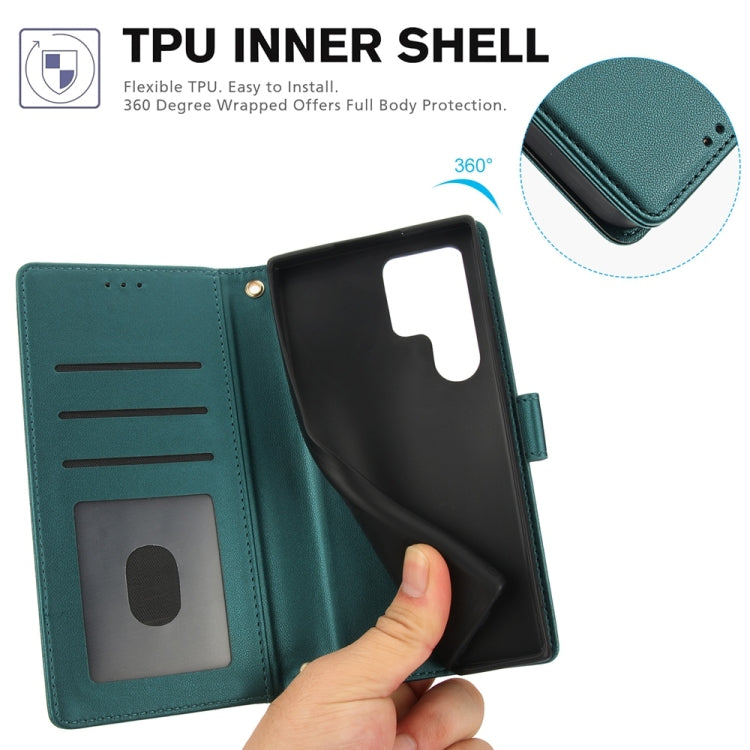For Samsung Galaxy S25 Ultra 5G Skin Feel Pure Color Card Slots Leather Phone Case with Dual Lanyard(Green)