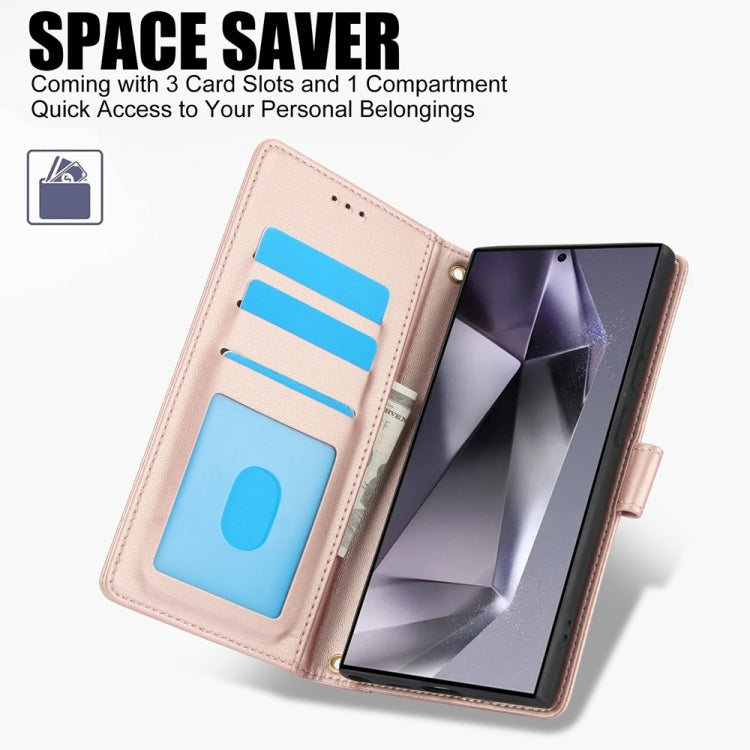 For Samsung Galaxy S25 Ultra 5G Skin Feel Pure Color Card Slots Leather Phone Case with Dual Lanyard(Rose Gold)