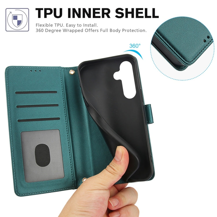 For Samsung Galaxy S25+ 5G Skin Feel Pure Color Card Slots Leather Phone Case with Dual Lanyard(Green)