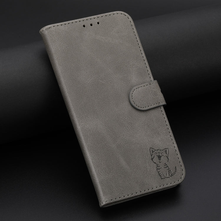 For Samsung Galaxy S25 5G Embossed Happy Cat Pattern Flip Leather Phone Case(Grey)