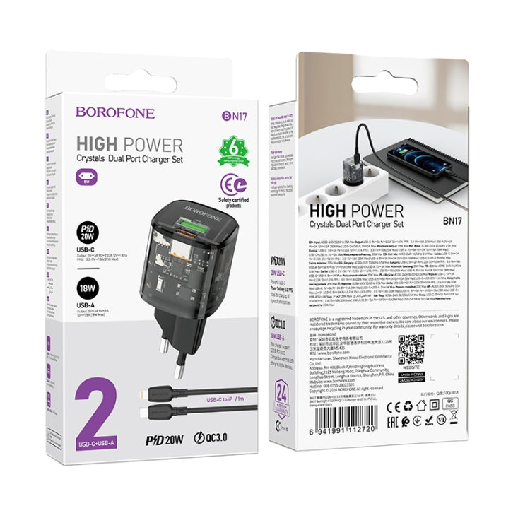 BOROFONE BN17 PD20W USB, Type-C Charger with 1m Type-C to 8 Pin Cable Set, Plug Type:EU Plug(Black) - free shipping - PMC TechLife - Order now!