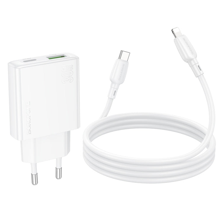 BOROFONE BN25 PD 30W USB, Type-C Charger with 1m Type-C to 8 Pin Cable Set, Plug Type:EU Plug(White) - USB Charger by Borofone | Online Shopping South Africa | PMC Jewellery | Buy Now Pay Later Mobicred