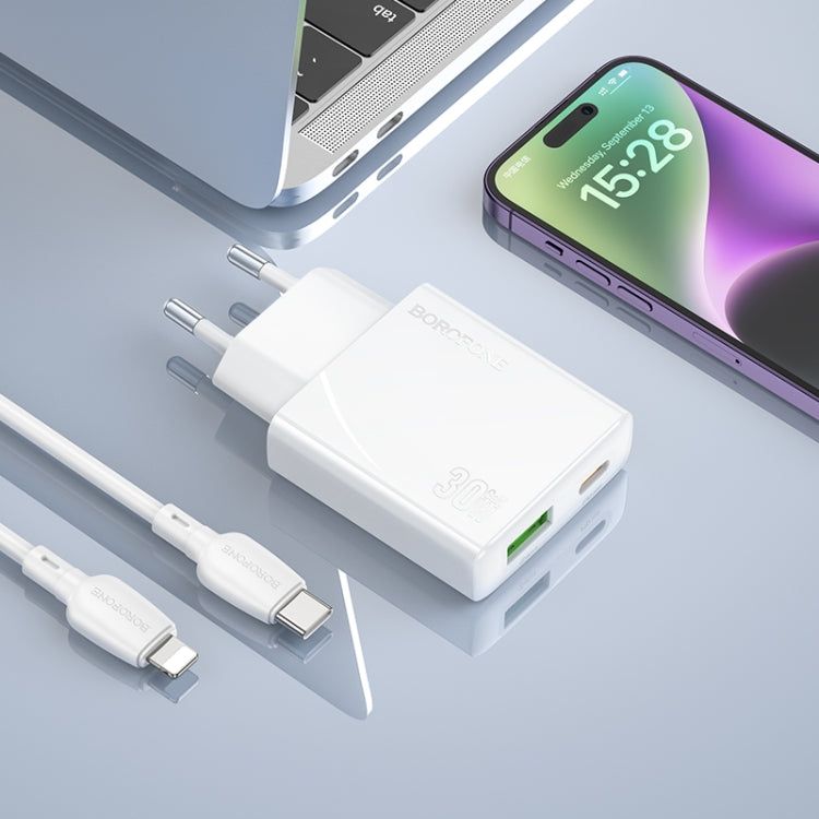 BOROFONE BN25 PD 30W USB, Type-C Charger with 1m Type-C to 8 Pin Cable Set, Plug Type:EU Plug(White) - USB Charger by Borofone | Online Shopping South Africa | PMC Jewellery | Buy Now Pay Later Mobicred