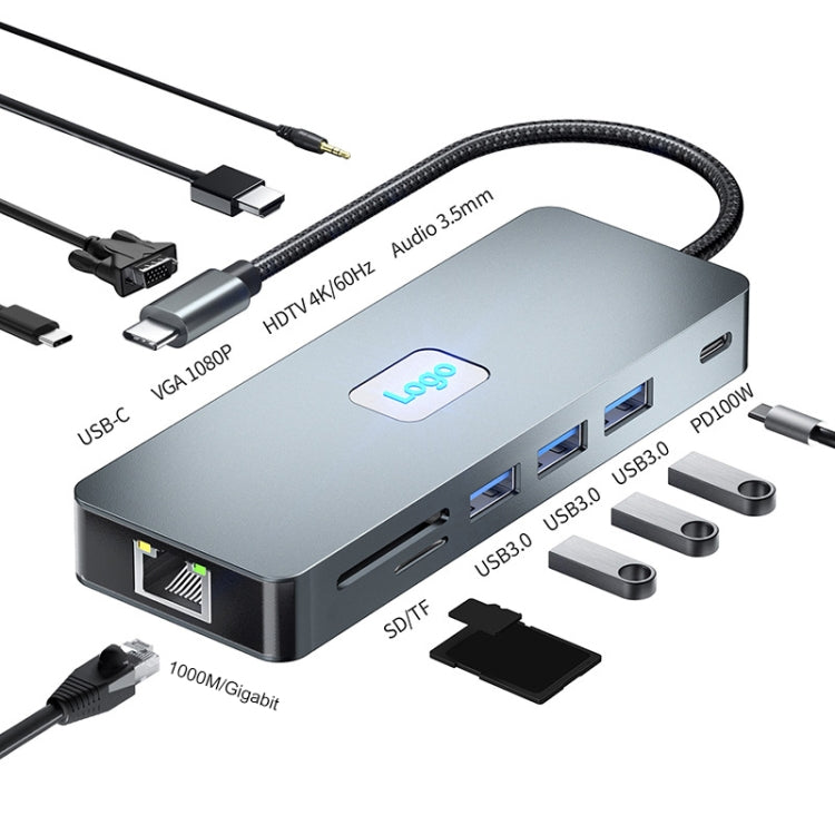 BYL-2411 11 in 1 Type-C HUB Docking Station with 3 x USB3.0, PD100W, SD/TF, RJ45, Type-C, VGA, HDTV, 3.5mm Jack