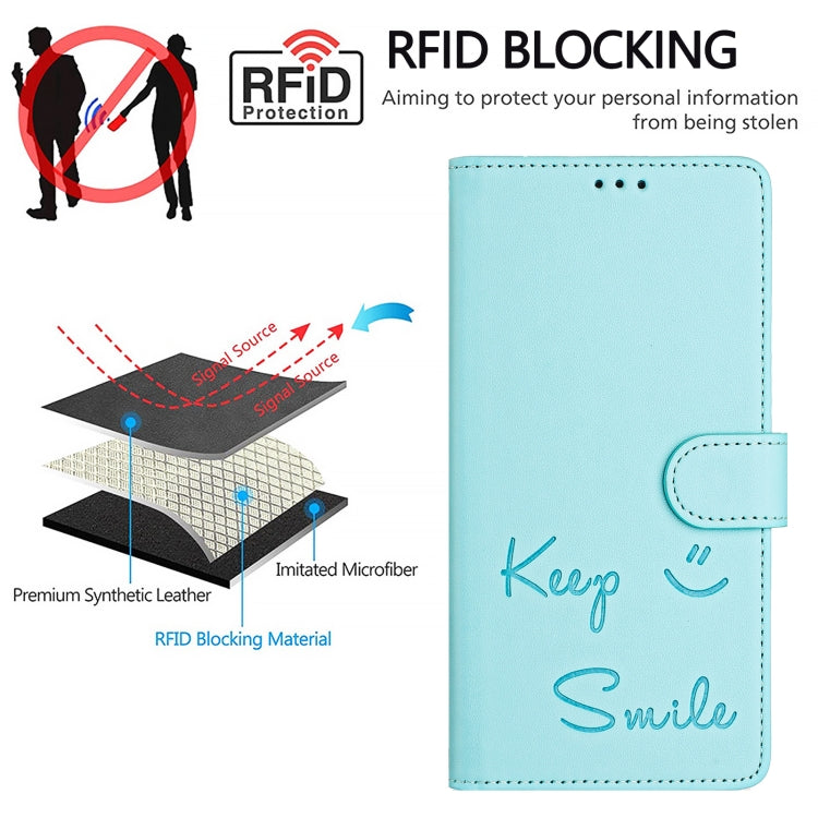For iPhone 16e Smile Embossing RFID Leather Phone Case(Mint Green) - iPhone 16e Cases by PMC TechLife | Online Shopping South Africa | PMC TechLife | Buy Now Pay Later Mobicred