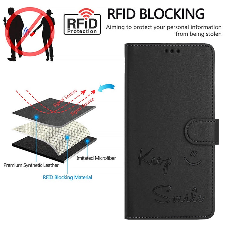 For iPhone 16e Smile Embossing RFID Leather Phone Case(Black) - iPhone 16e Cases by PMC TechLife | Online Shopping South Africa | PMC TechLife | Buy Now Pay Later Mobicred