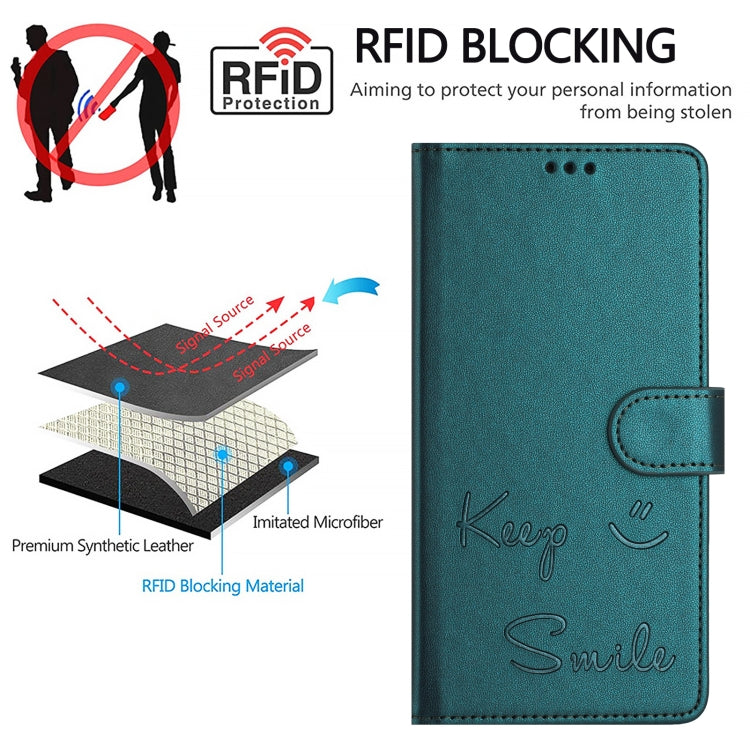 For iPhone 16e Smile Embossing RFID Leather Phone Case(Peacock Green) - iPhone 16e Cases by PMC TechLife | Online Shopping South Africa | PMC TechLife | Buy Now Pay Later Mobicred