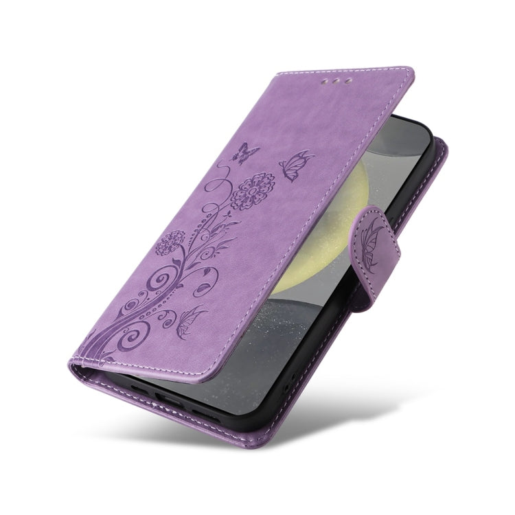 For Samsung Galaxy S25 5G Embossed Butterfly Flowers Leather Phone Case(Purple)