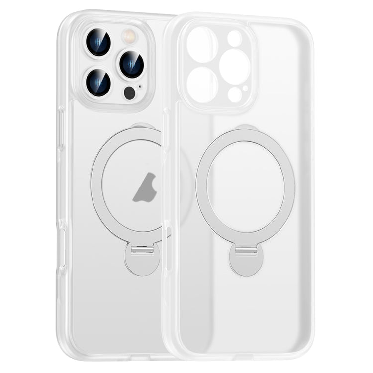 For iPhone 16 Pro Max Matte Texture 360 Degree Rotary Tone Holder MagSafe Phone Case(Transparent)