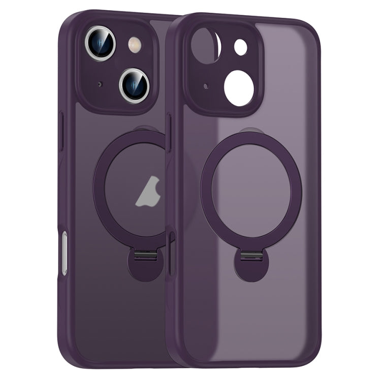 For iPhone 16 Matte Texture 360 Degree Rotary Tone Holder MagSafe Phone Case(Dark Purple)